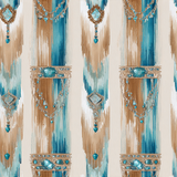 Patterned wallpaper with blue and beige brushstrokes and jewelry accents.