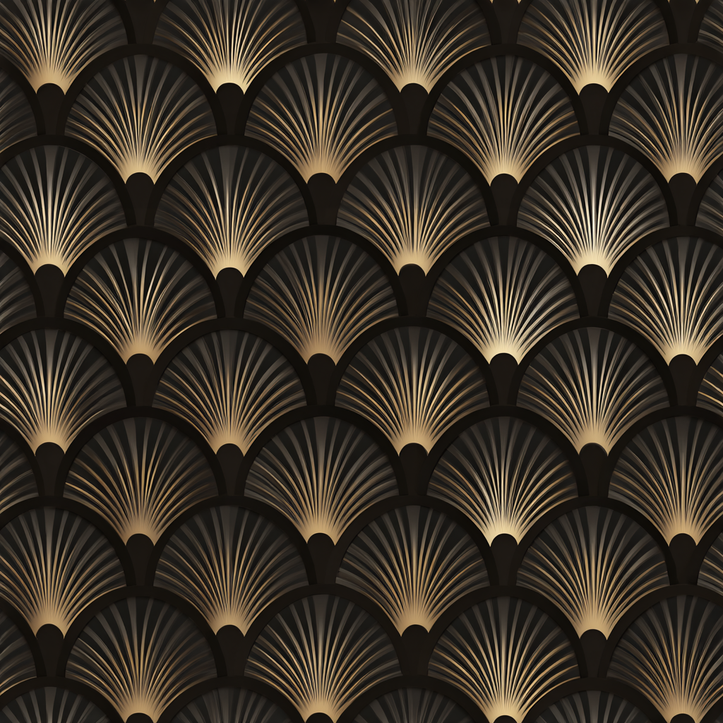 Golden Gatsby Fan wallpaper with gold accents featuring an Art Deco pattern.

