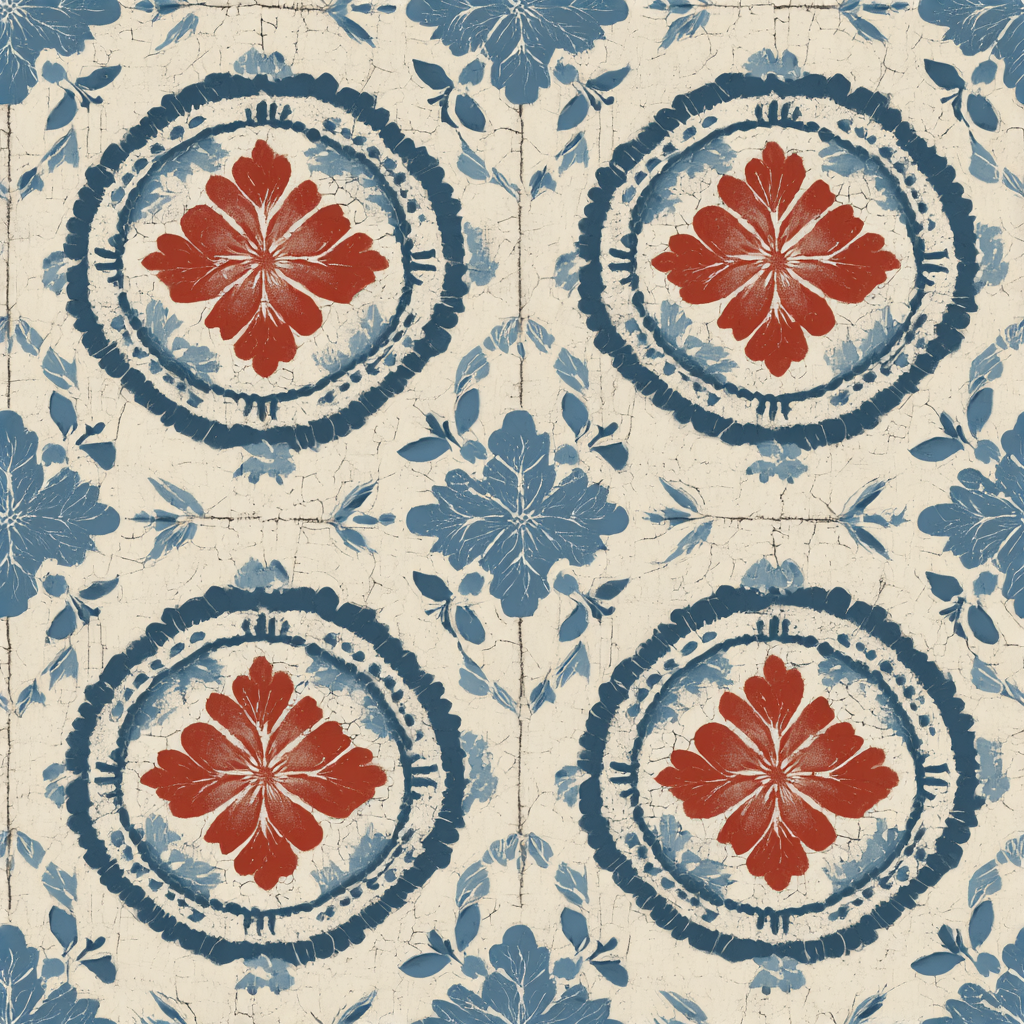 Floral tile wallpaper with a distressed pattern, featuring red flowers within blue circles.