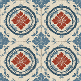 Floral tile wallpaper with a distressed pattern, featuring red flowers within blue circles.