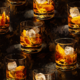 Neat wallpaper with whiskey and ice pattern against a dark textured background.
