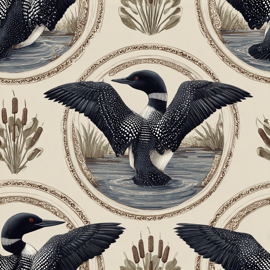 Northern loon wallpaper with a bird motif in decorative vintage-style frames.
