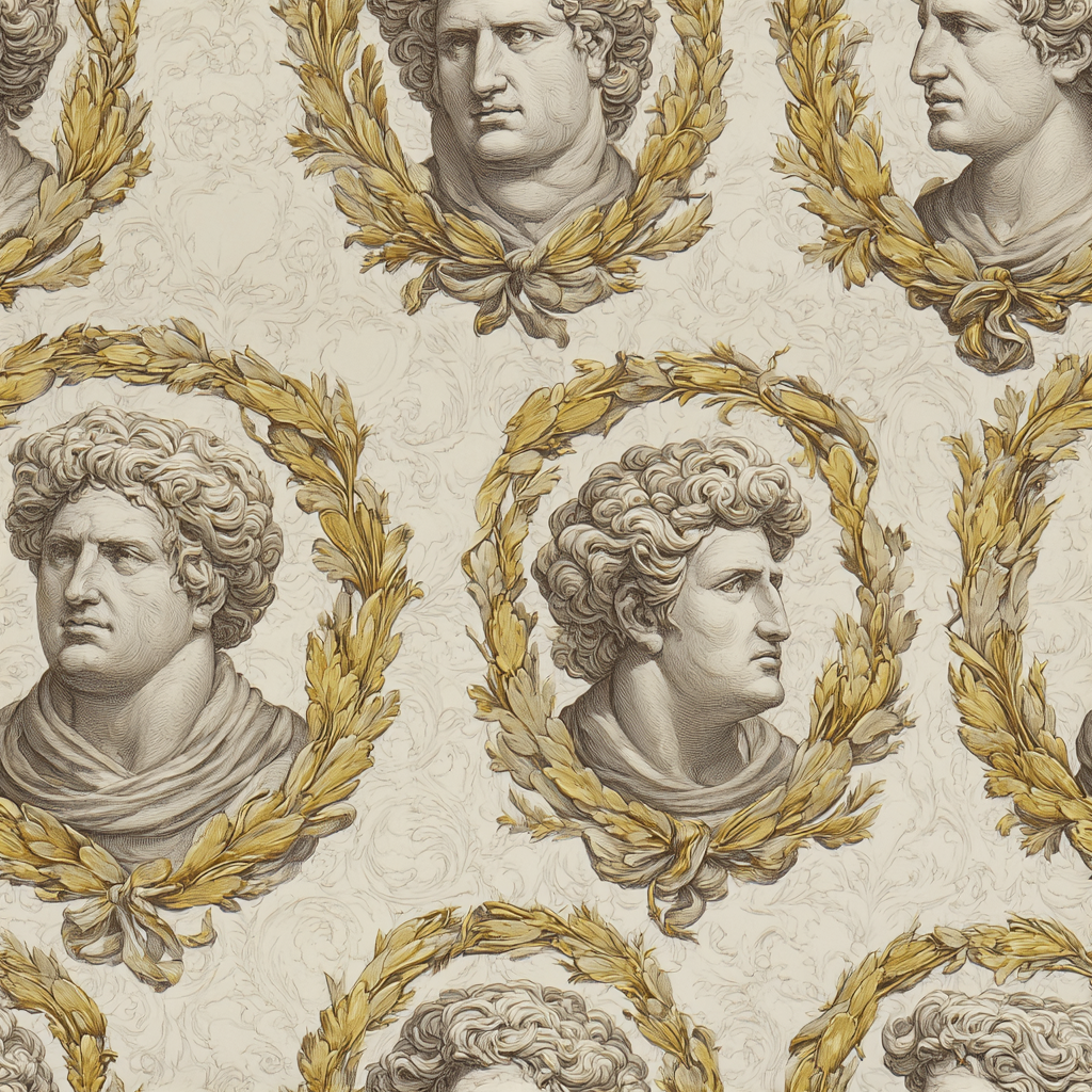 Patterned wallpaper with classical busts surrounded by golden laurel wreaths.
