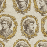 Patterned wallpaper with classical busts surrounded by golden laurel wreaths.
