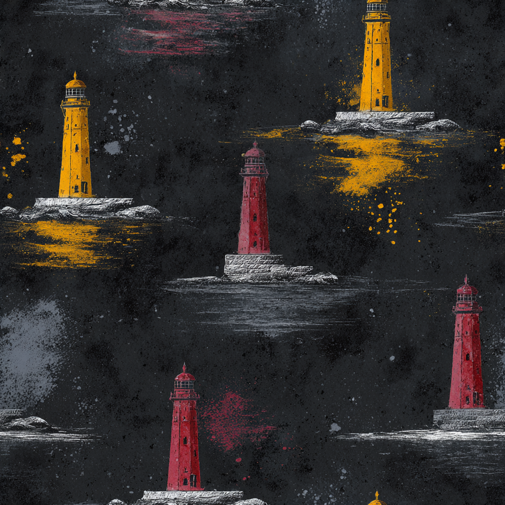 Patterned wallpaper with lighthouse illustrations on a dark, speckled background.
