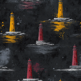Patterned wallpaper with lighthouse illustrations on a dark, speckled background.
