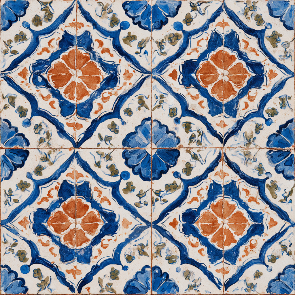 Patterned wallpaper with blue and orange floral designs over a white background.