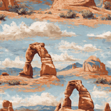 Arches Horizon wallpaper with a painted effect, featuring desert landscape and blue sky with clouds.
