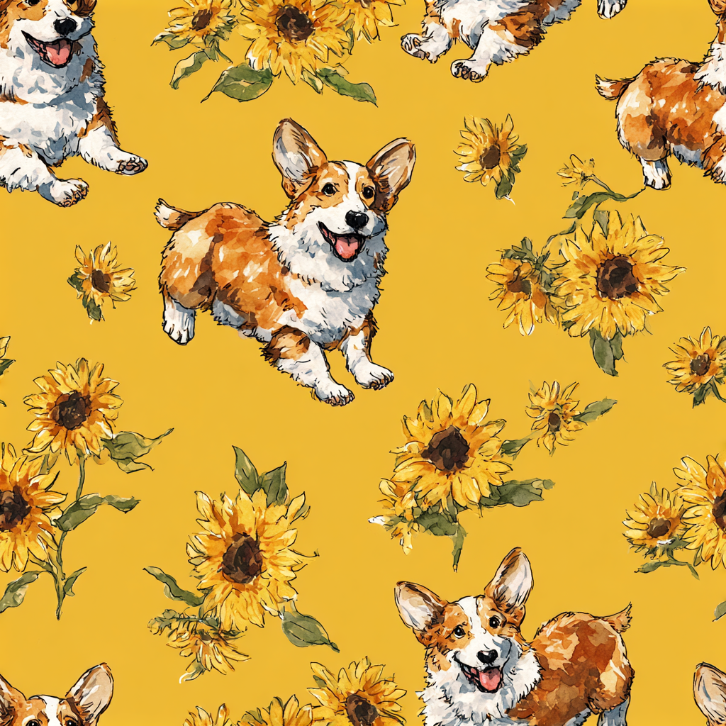 Patterned wallpaper with corgis and sunflowers on a yellow background.