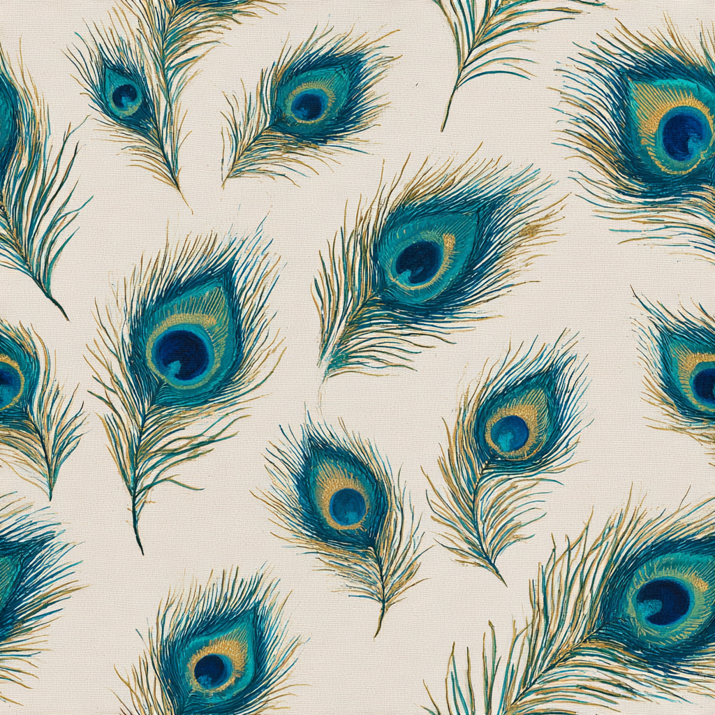 Peacock feather wallpaper with blue and gold detailing on a canvas-like background.