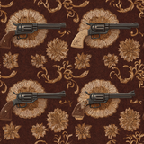 Patterned frontier arms wallpaper featuring revolvers by Frontier Arms, interspersed with floral designs and baroque swirls in shades of brown.
