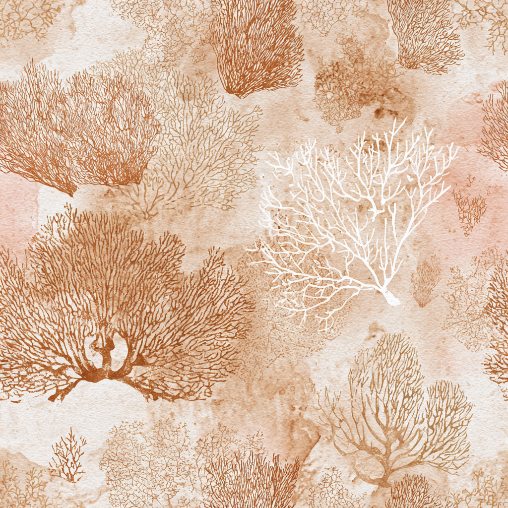 Terracotta sea fans wallpaper with watercolor pattern, in warm brown and white tones.