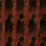 Patterned wallpaper with noir style figures, dark shadows on a textured maroon background.
