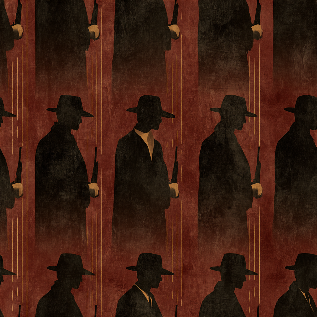 Patterned wallpaper with noir style figures, dark shadows on a textured maroon background.
