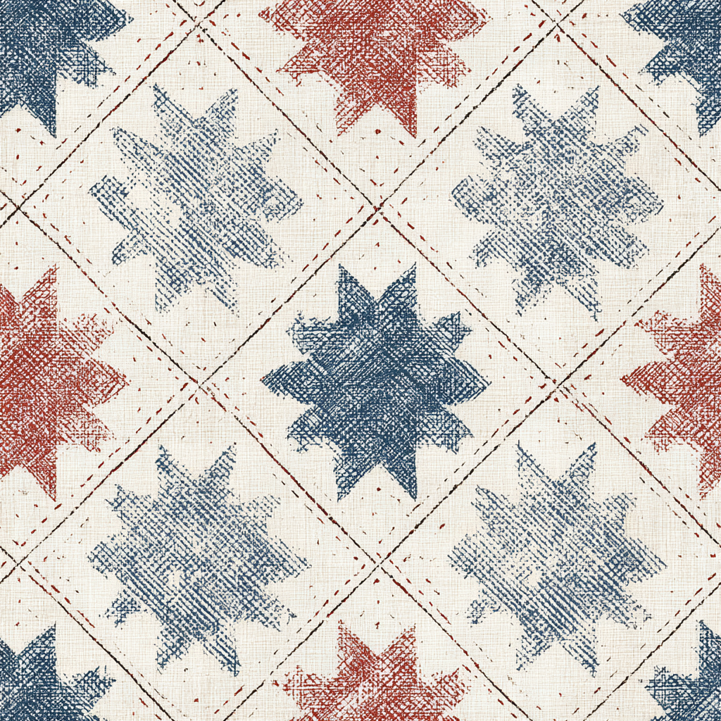 Heirloom Quilt Stars Wallpaper with a patchwork pattern, red and blue star designs on a textured background.
