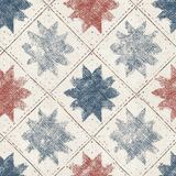 Heirloom Quilt Stars Wallpaper with a patchwork pattern, red and blue star designs on a textured background.
