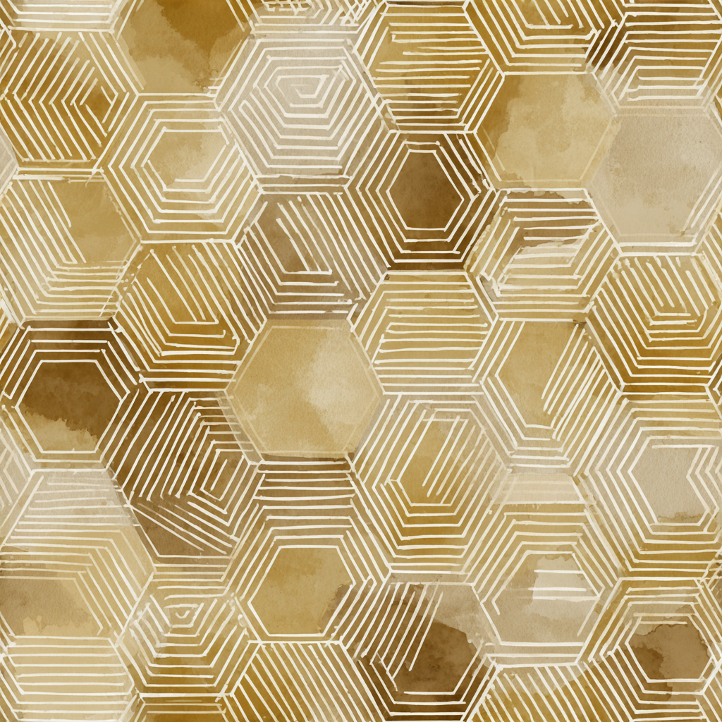 Golden hive wallpaper with watercolor effect and white line detailing.