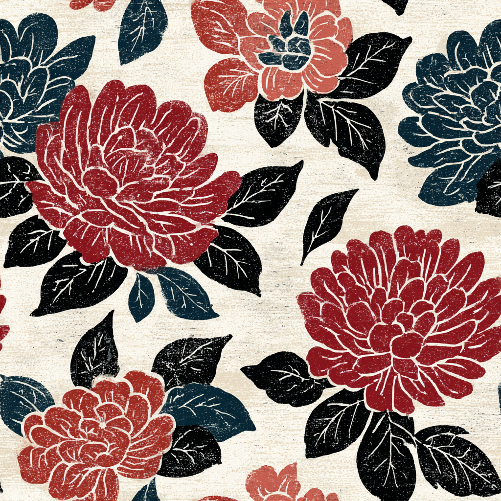 Floral block print wallpaper with red, navy, and black flowers on a textured, off-white background.
