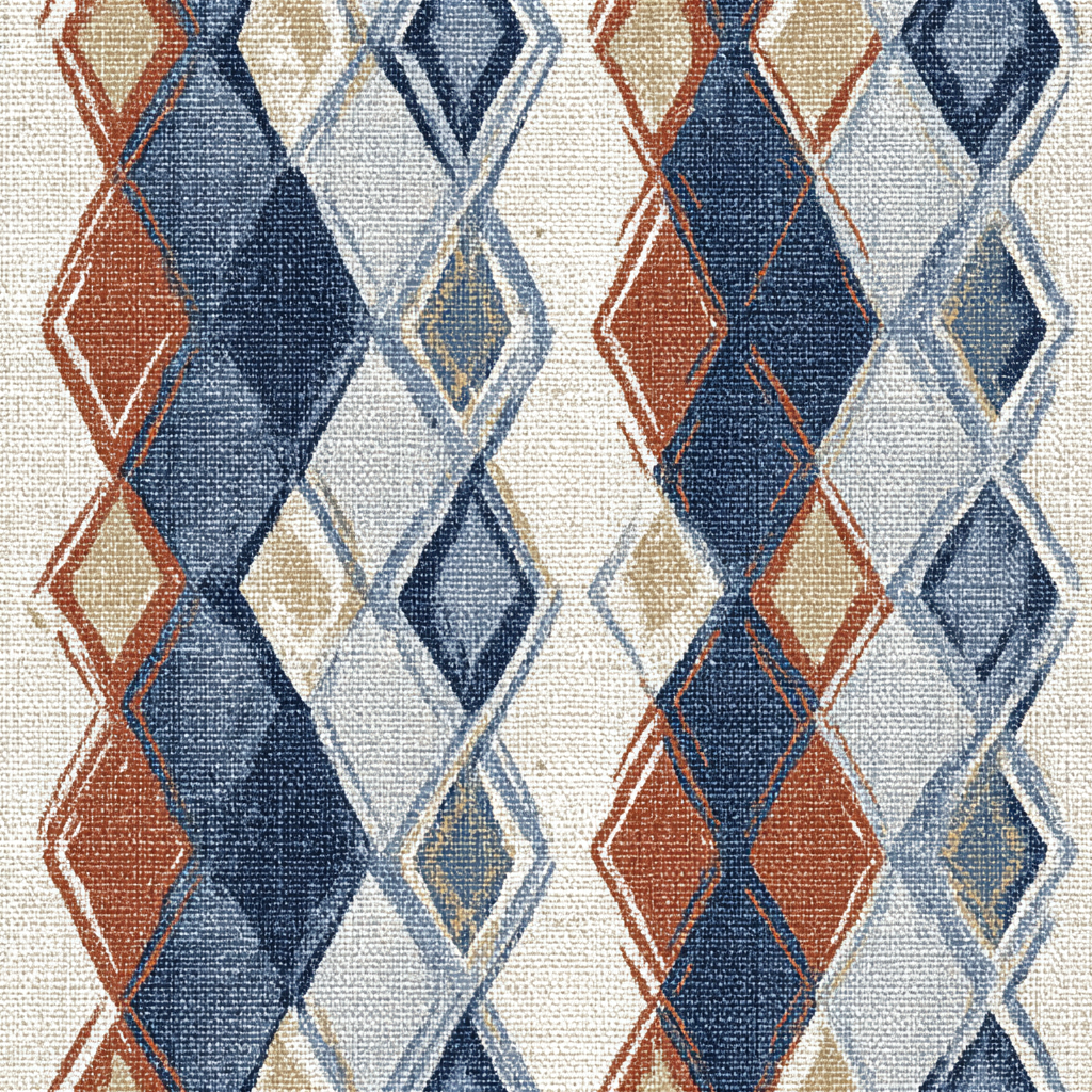 Diamond drift wallpaper with geometric argyle pattern in blue, beige, and rust, on textured off-white background.

