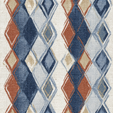 Diamond drift wallpaper with geometric argyle pattern in blue, beige, and rust, on textured off-white background.
