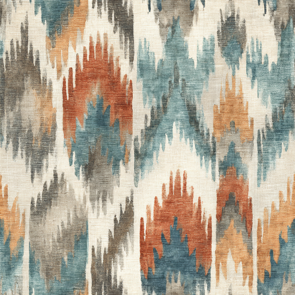 Zigzag Zuni wallpaper with teal and brown color palette featuring an ikat inspired geometric pattern.