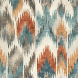 Zigzag Zuni wallpaper with teal and brown color palette featuring an ikat inspired geometric pattern.