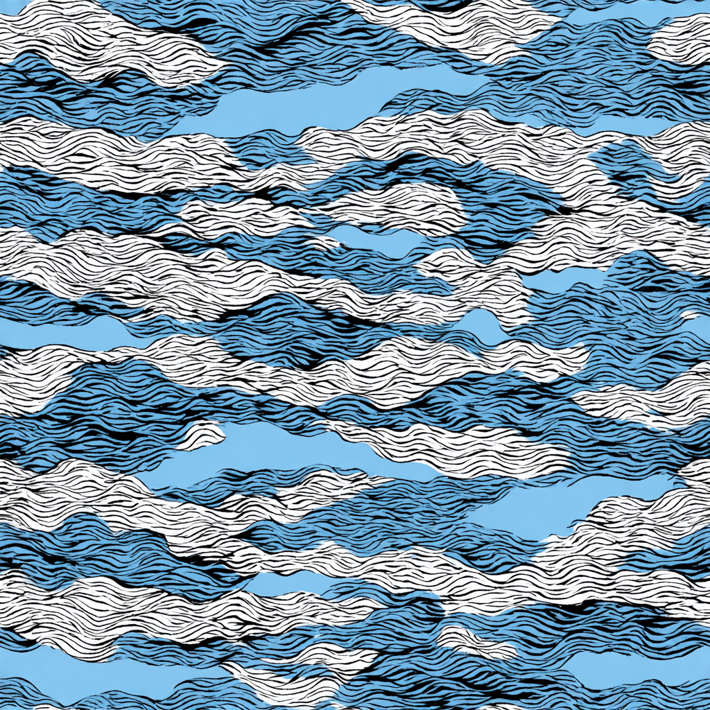 Wave-patterned wallpaper with black and white lines over a light blue background.
