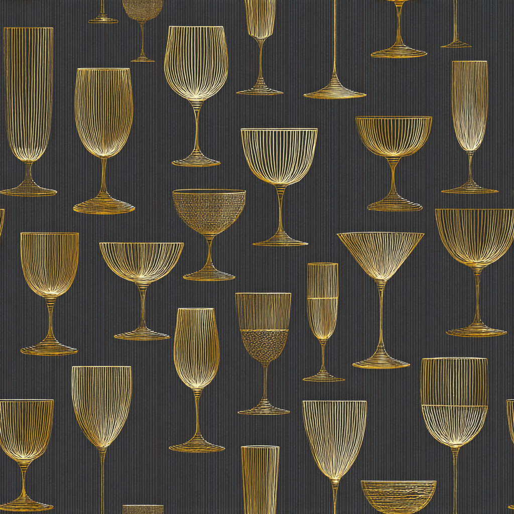 Gold coupe wallpaper with wine glass pattern on black, vertically striped background.