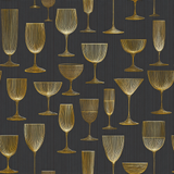 Gold coupe wallpaper with wine glass pattern on black, vertically striped background.
