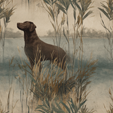 Wildlife print wallpaper featuring a brown Labrador dog in a wetlands setting.