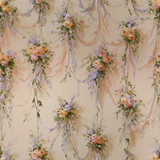 Floral rosette wallpaper with cascades of ribbons, in a romantic pattern of roses and foliage.