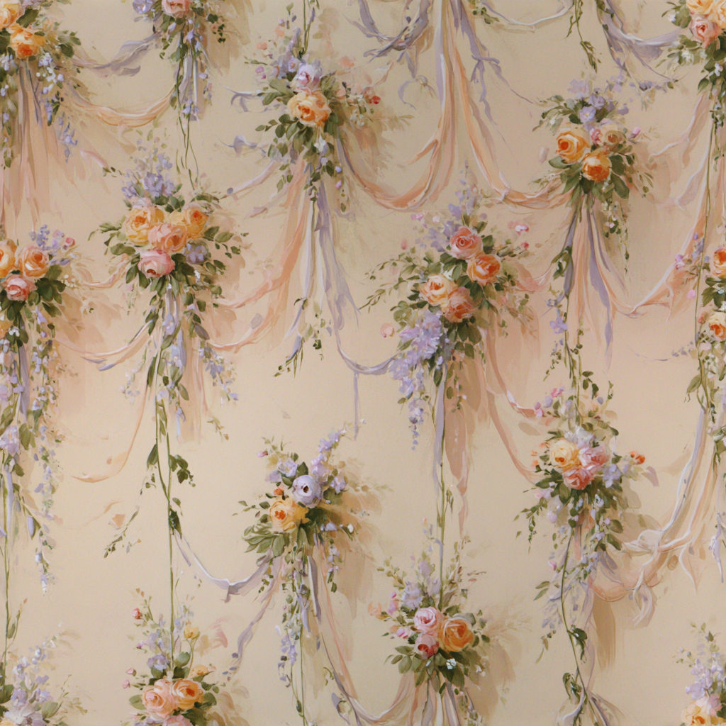 Floral rosette wallpaper with cascades of ribbons, in a romantic pattern of roses and foliage.