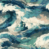 Painted waves wallpaper in shades of blue, teal, and cream with an oil paint texture.