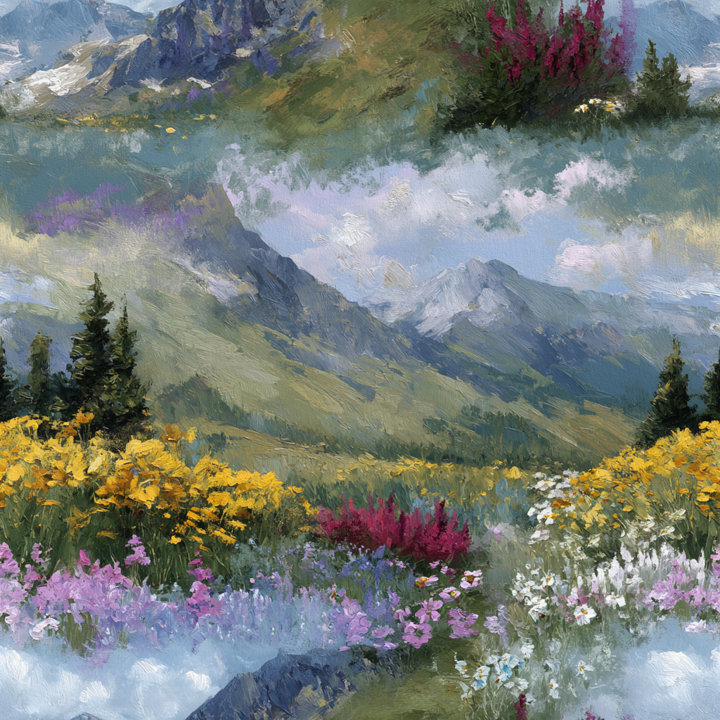 Alpine Bloom Wallpaper with floral pattern, textures of a painted landscape.
