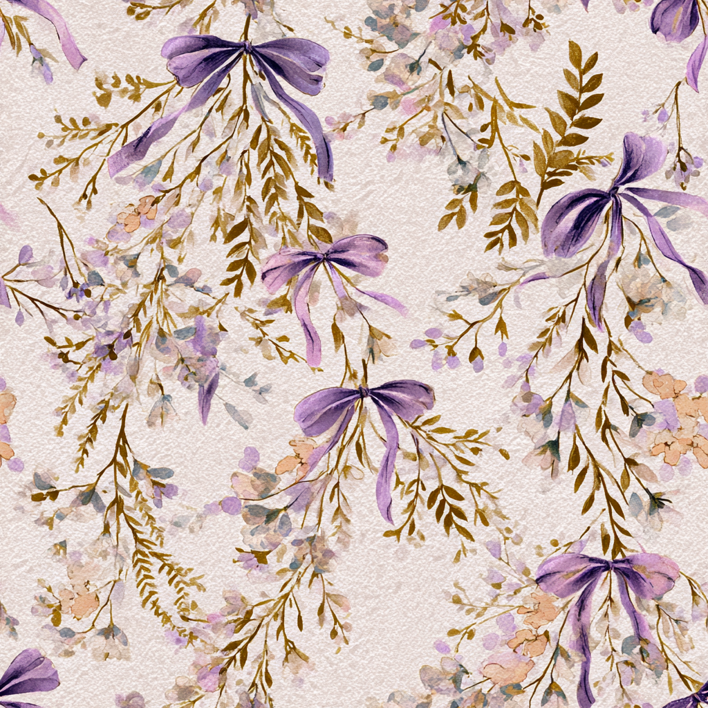 Floral wallpaper with violet bows, trailing leaf, and blossom pattern on a subtly textured background.
