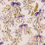 Floral wallpaper with violet bows, trailing leaf, and blossom pattern on a subtly textured background.