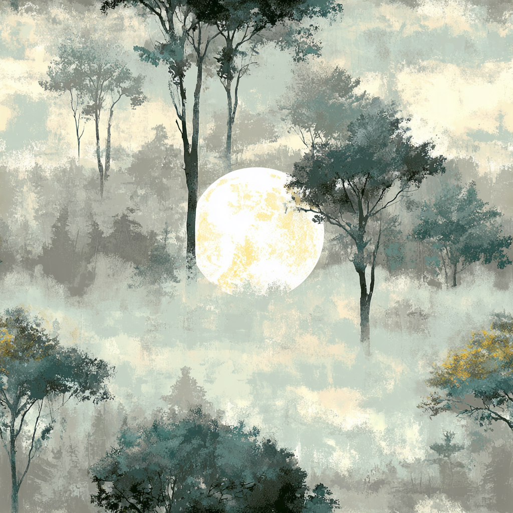 Watercolor-style Luna Canopy wallpaper by Wallshoppe featuring trees and a full moon against a muted background.
