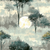 Watercolor-style Luna Canopy wallpaper by Wallshoppe featuring trees and a full moon against a muted background.

