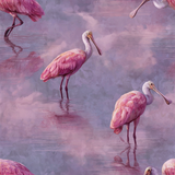 Rose Mirage wallpaper with pink spoonbill pattern on a dreamy watercolor-style background.
