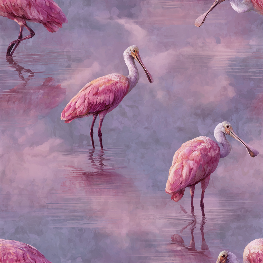 Rose Mirage wallpaper with pink spoonbill pattern on a dreamy watercolor-style background.
