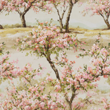 Floral orchard blossom wallpaper with rows design by York Wallcoverings, displaying a painted pink and green pattern.
