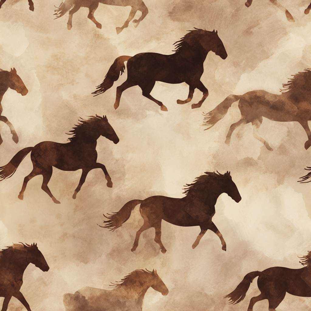 Wild sage run wallpaper with running horse pattern on a brown background.