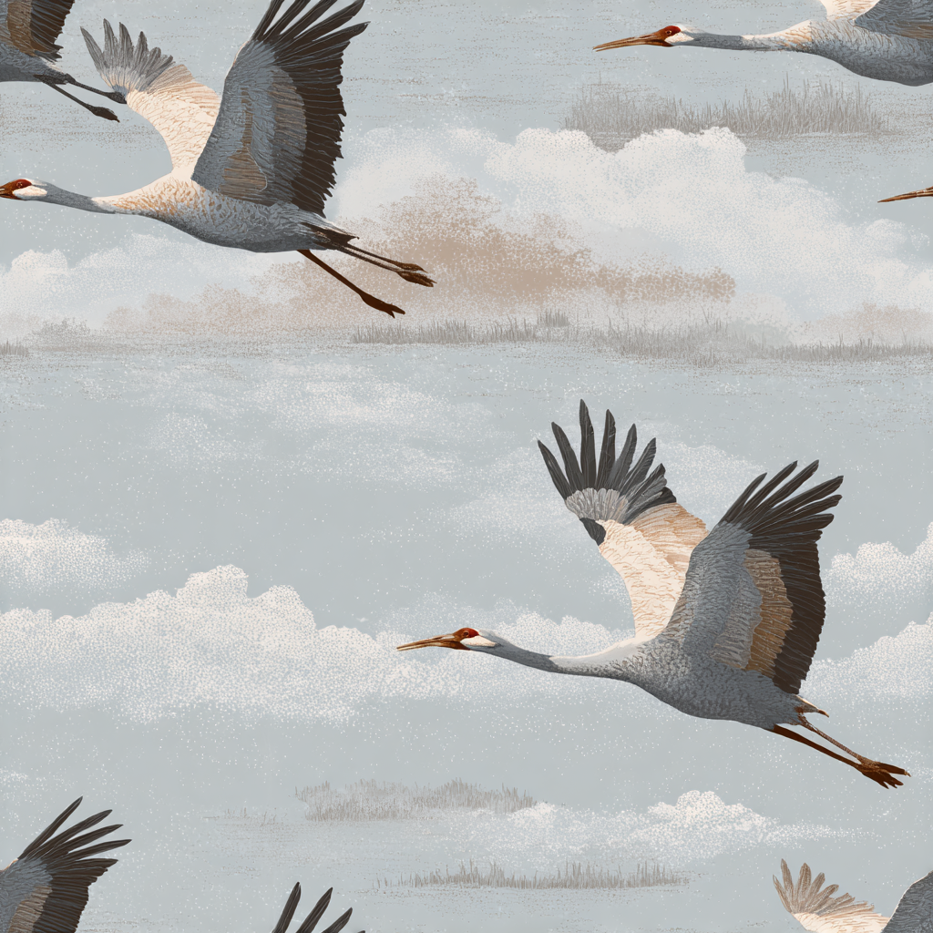 Birds in flight wallpaper featuring a crane pattern and cloud accents.