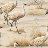 Marshwalk wallpaper with sandhill crane pattern, set in a painted style marshland landscape.
