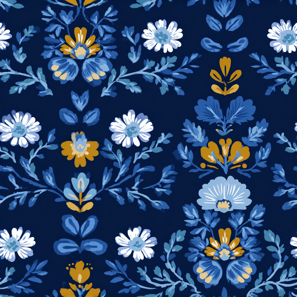Floral wallpaper with blue and mustard blooms, from Nordhavn, in a decorative damask pattern.
