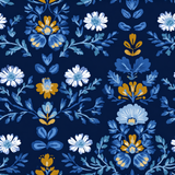 Floral wallpaper with blue and mustard blooms, from Nordhavn, in a decorative damask pattern.
