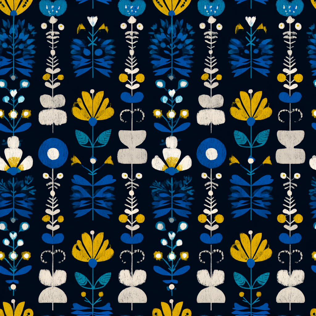 Marin Folk Wallpaper with blue and yellow floral pattern.