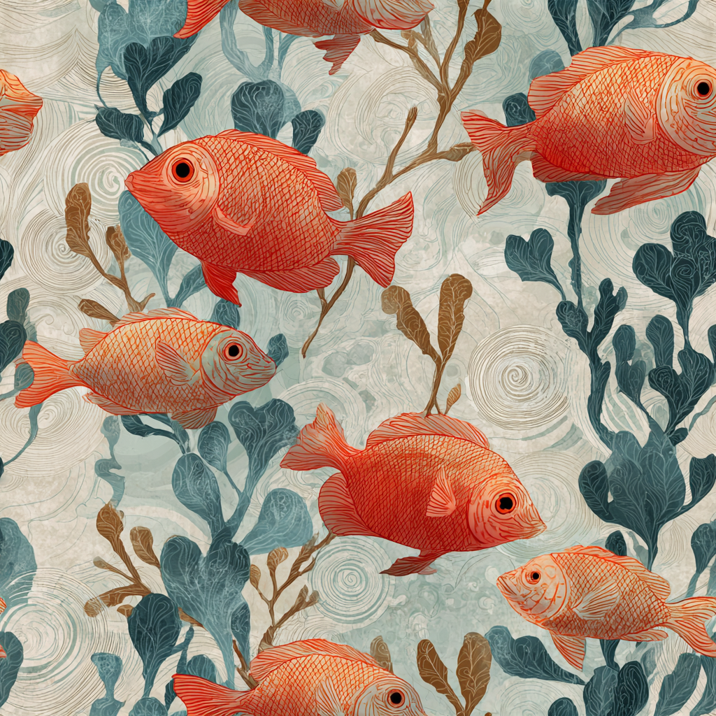 Coral ledger wallpaper with orange fish by unknown brand, with blue seaweed and neutral water accents.