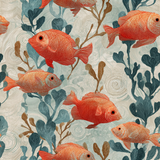 Coral ledger wallpaper with orange fish by unknown brand, with blue seaweed and neutral water accents.