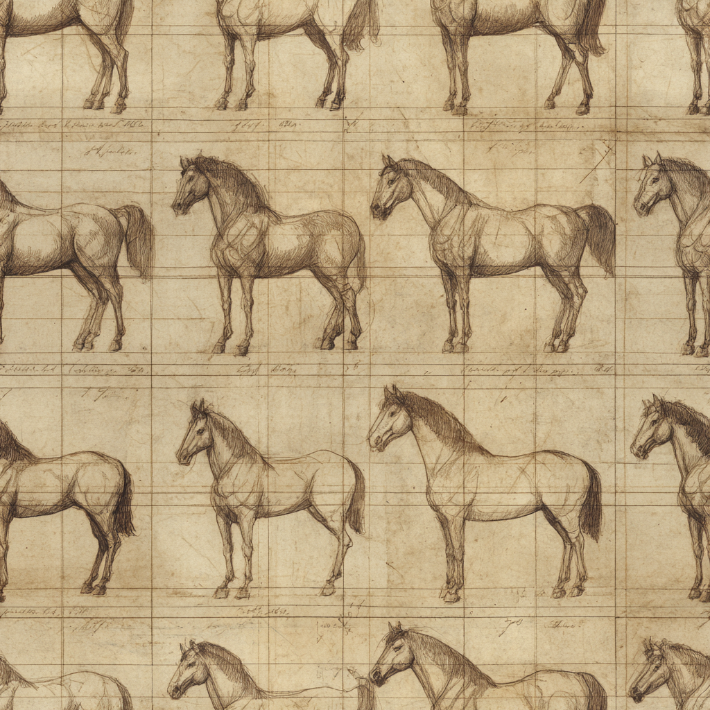 Horse sketch wallpaper with an antique style grid pattern.